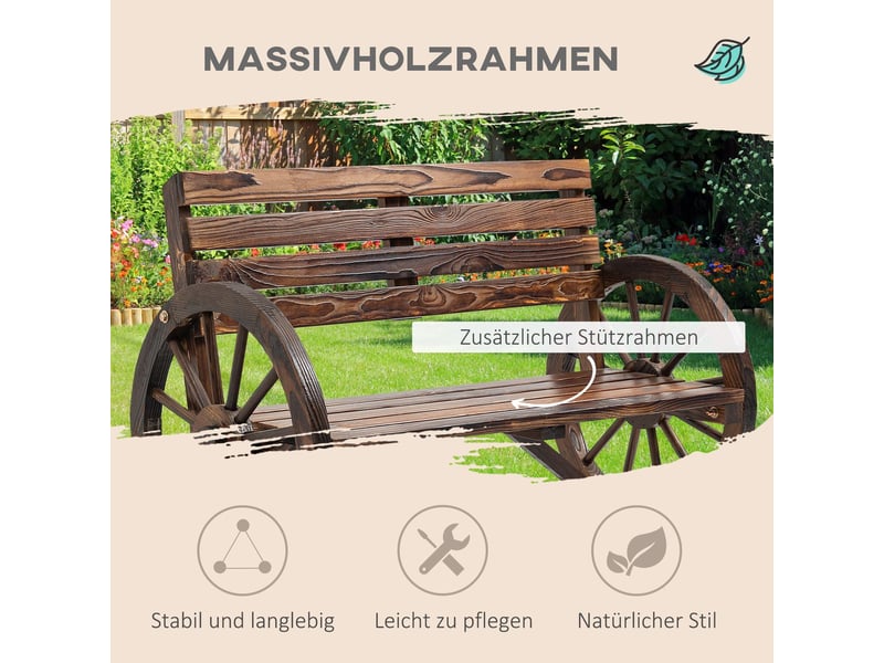  Banc de jardin 105,10x60x80, banc d'extérieur 2 places en bois de sapin massif, accoudoirs en forme de roue de chariot, brun rustique  - Conforama D