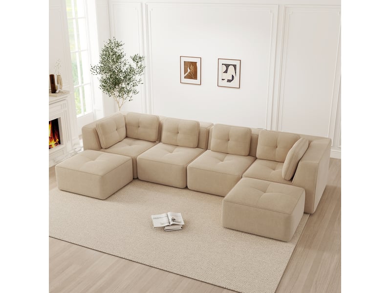  Canapé d'angle modulable en u 4 places en velours côtelé beige, sans montage, idéal pour le salon familial  - Conforama E