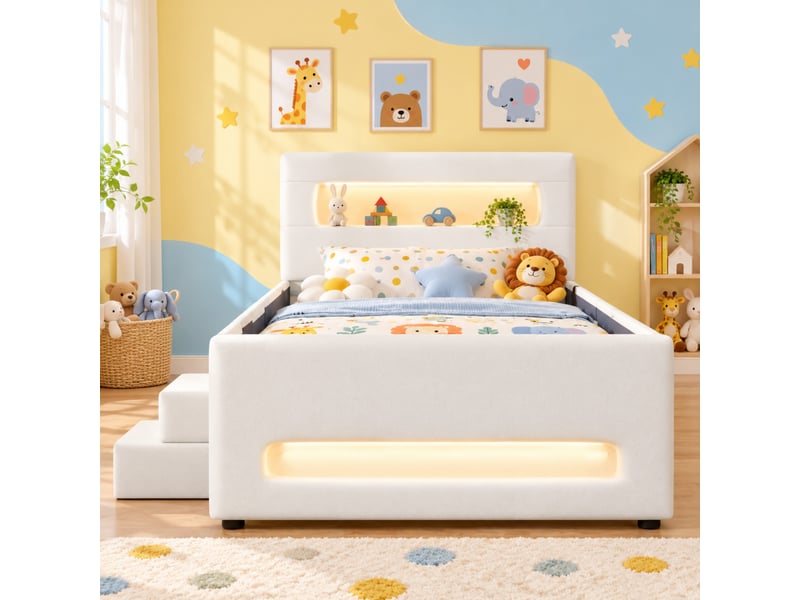  Lit enfant rembourré 90 x 200 cm, escalier, tiroir de rangement, led avec application, usb, poches latérales, pu, blanc  - Conforama B