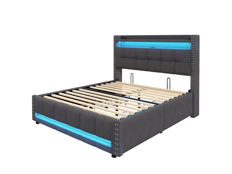  Lit 140x200 cm tissu gris – led, port usb, tête avec étagères et 4 tiroirs  - Conforama A