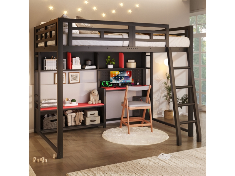  Lit mezzanine 140x200 cm avec bureau, étagères et éclairage led, noir et rouge  - Conforama D