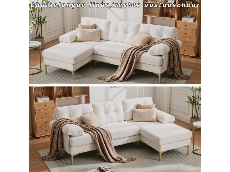  Canapé d'angle 3 places beige en tissu chenille avec accoudoirs rembourrés et pieds métalliques  - Conforama R