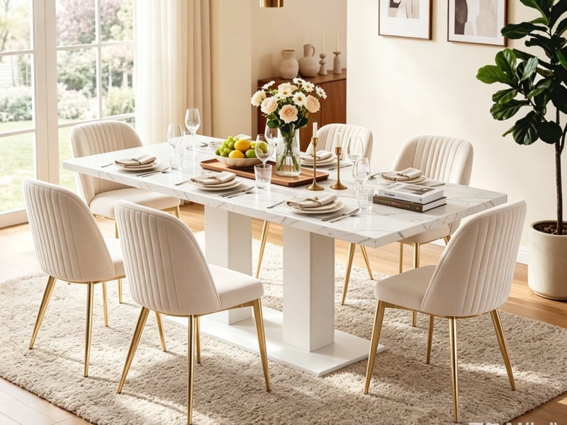  Ensemble table et chaises 6-8 pers, table extensible 140/180x70cm blanche, style épuré, 6 chaises velours beige/doré  - Conforama B