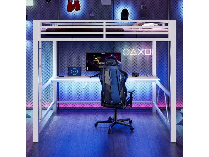  Lit mezzanine gamer 160x200 avec bureau intégré, led et port usb, blanc  - Conforama D