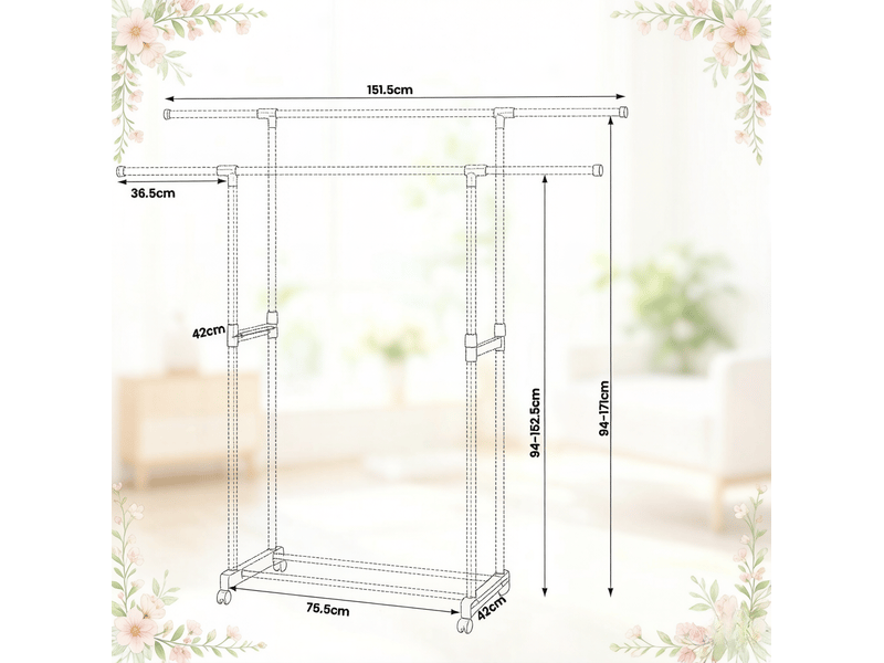 Porte-manteau double extensible sur roulettes avec rangement 151,5x171x42 cm - Conforama C