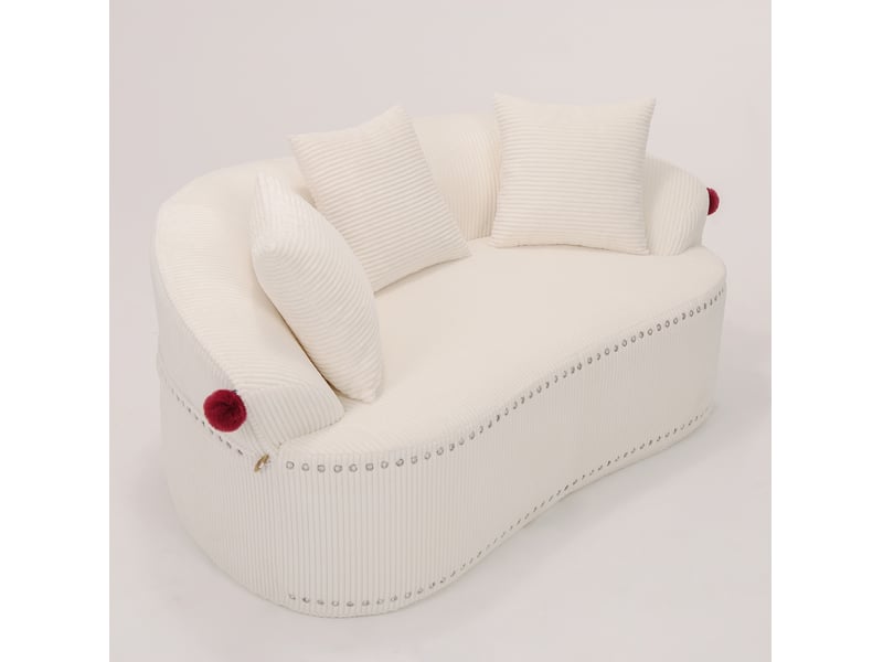 Canapé 2 places velours côtelé blanc 163x93x68 cm, lignes courbes, 3 coussins inclus - Conforama A