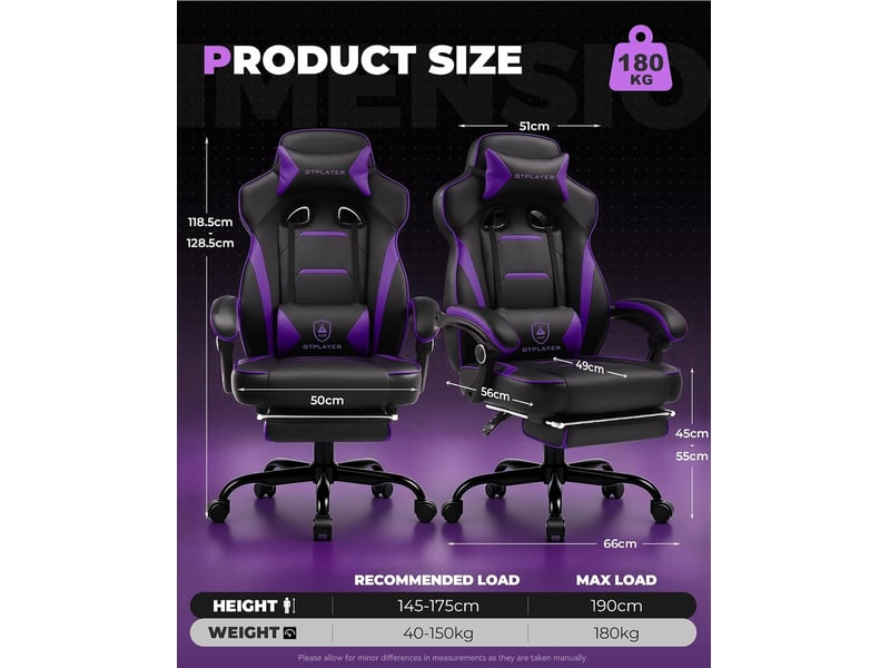  Gtplayer chaise de jeu avec repose-pieds, 180kg, soutien lombaire, appui-tête réglable, inclinable à 155° - violet F59-PP-TJ - Conforama B