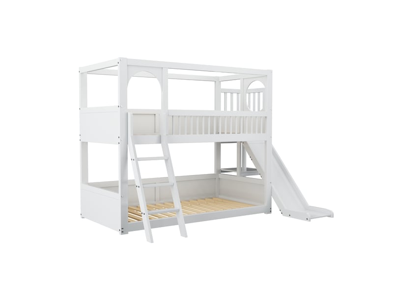  Lit superposé enfant, lit double, lit enfant multifonctionnel, avec étagères, avec toboggan, sans matelas, blanc, 90*200  - Conforama E