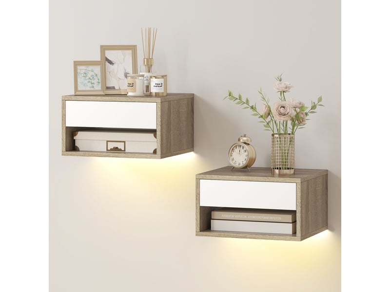  Ensemble de 2 tables de chevet suspendues avec led rgb intégrées et réglables via application, tiroir et étagère, 37 x 32 x 21 cm, couleur bois blanc  - Conforama B