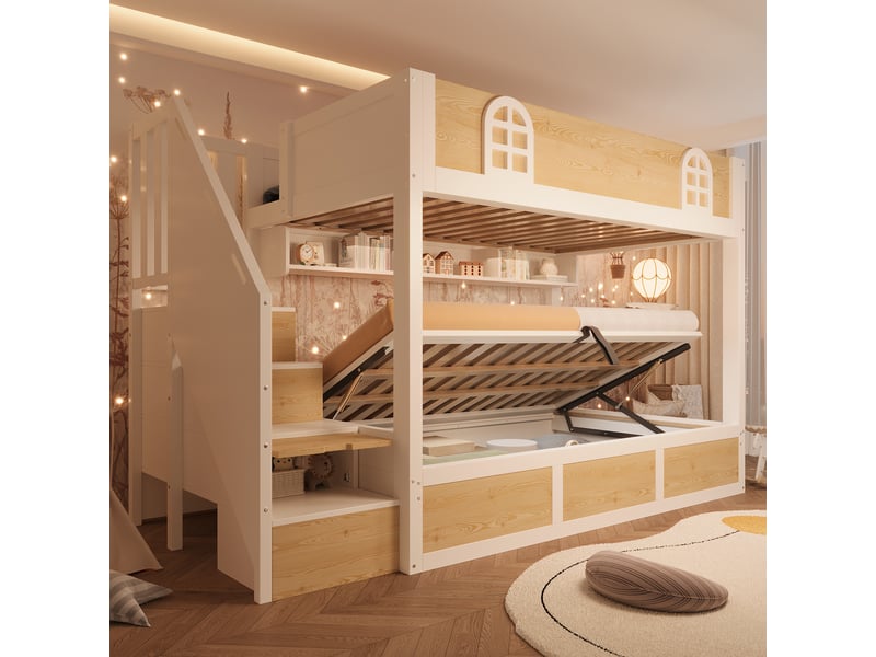 Lit superposé avec escalier et rangement, coffre, blanc et naturel, 90 x 200 cm - Conforama E