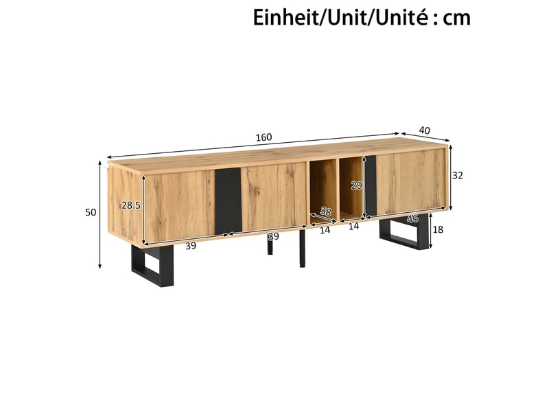  Meuble tv 160x40x50 cm, 3 portes, 2 niches, pieds en métal noir, effet bois naturel Fay Lum - Conforama C