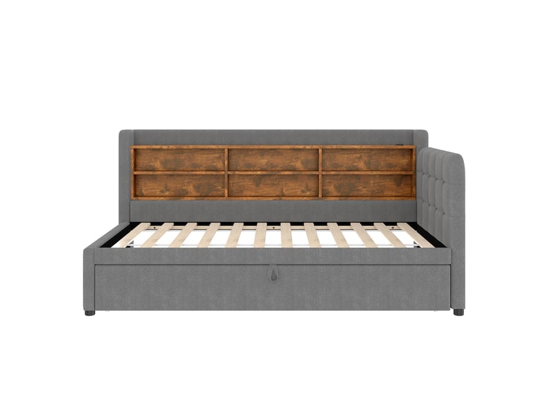 Lit banquette gris 90/180x200 cm extensible avec rangements, usb et type-c - Conforama A