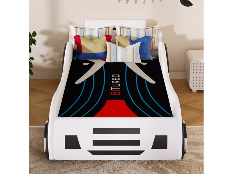  Lit simple enfant voiture 90x200 cm – blanc – rangement hydraulique avec sommier à lattes, sans matelas  - Conforama B