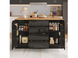 Îlot de cuisine 140x80x90 cm avec plan de travail escamotable, 4 tiroirs, 2 placards, mdf, noir et naturel