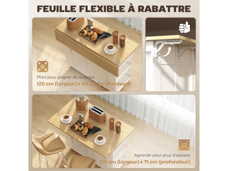  Îlot de cuisine avec station de charge 2 tiroirs blanc 120 x 71 x 89 cm  - Conforama E
