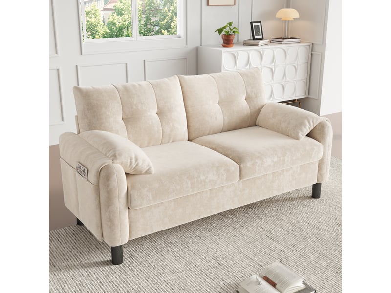  Canapé 2 places, 158x80x88.5 cm, avec coussins et poches, chenille, beige  - Conforama D