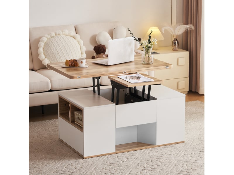  Table basse 100x51x47 cm réglable en hauteur, plateau relevable, en panneau de particules blanc  - Conforama C