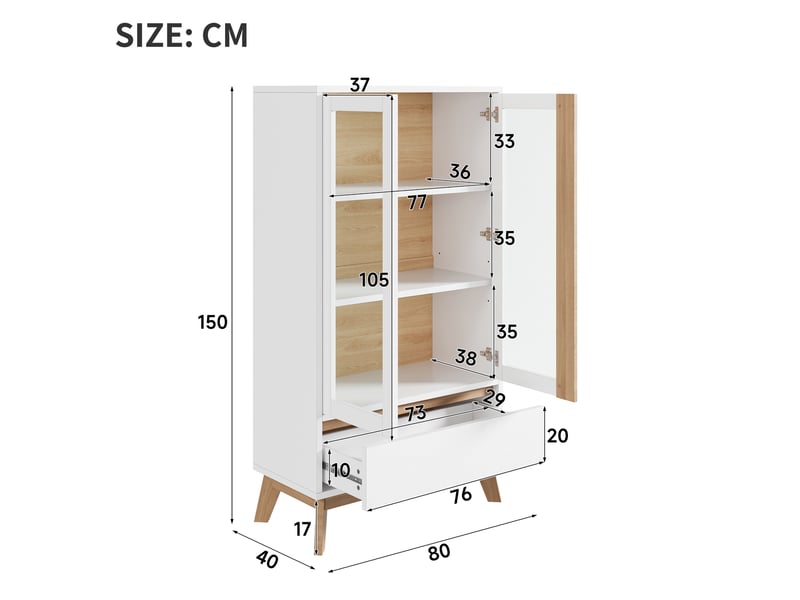  Meuble de rangement cuisine 80x40x150 cm avec portes, tiroir et étagères réglables, buffet haut scandinave en panneaux de particules - blanc  - Conforama E