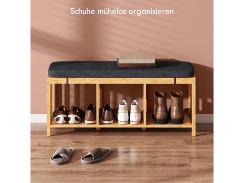  Banc à chaussures en bambou aspect bois naturel, assise rembourrée et rangement ouvert  - Conforama B