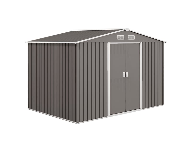  Abri de jardin métallique 277x195x192 cm – gris – 2 portes coulissantes pour outils et équipements  - Conforama A