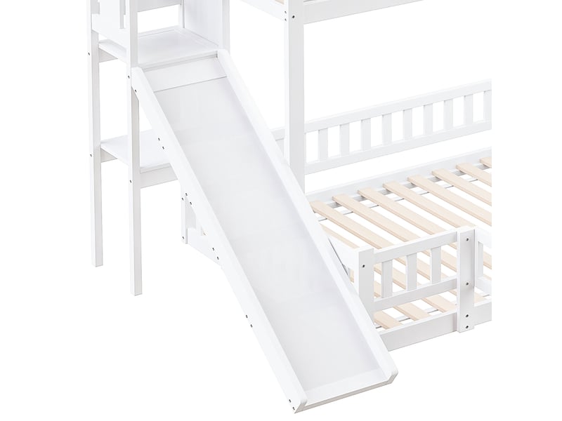  Lit superposé blanc en pin et mdf avec toboggan et étagères, couchages 90 x 200 et 140 x 200 cm, sans matelas  - Conforama W
