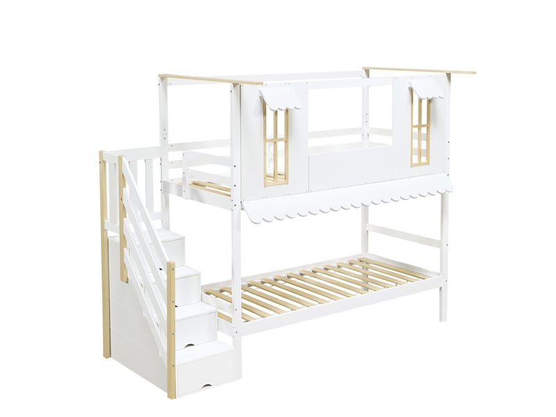  Lit superposé enfant avec escalier de rangement, fenêtres et toit ondulé, 90x200cm, blanc et naturel  - Conforama A