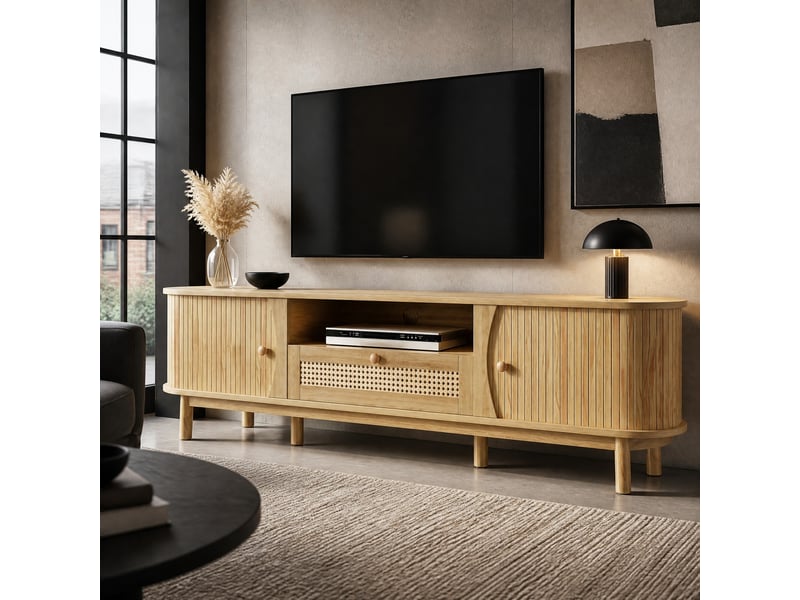  Meuble tv avec portes coulissantes, tiroirs en rotin et rangement ouvert pour salon, en mdf, naturel, 165×37×46 cm  - Conforama C