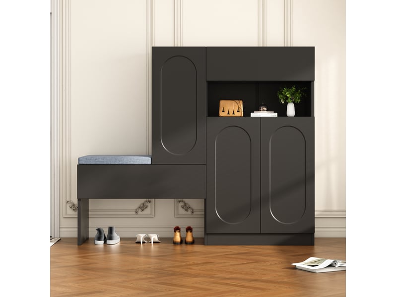  Meuble à chaussures ulevr 2-en-1 avec banc, portes à fermeture douce, 130 x 35 x 110 cm, panneaux de particules noirs  - Conforama B