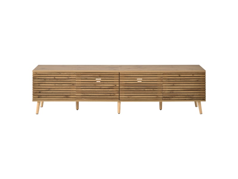  Meuble tv bas 75 pouces 4 portes - treillis ajouré, gestion des câbles, bois - 180x40x46 cm  - Conforama A
