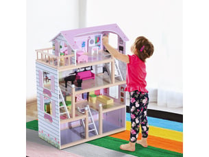 Maison de poupée en bois jeu d'imitation 4 étages pour 3+ ans avec 13 accessoires grand réalisme multi-équipement 60l x 30l x 80h cm blanc et rose