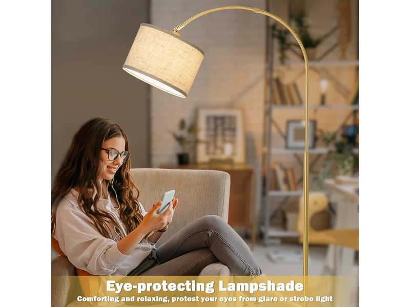  Lampadaire doré salon, lampe à arc abat-jour en lin beige（aucune source de lumière）  - Conforama E