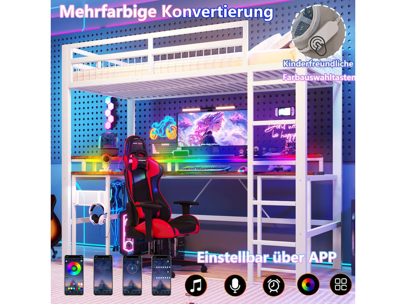 Lit mezzanine 90 x 200 cm, fer, led multicolore, bureau, 1 usb et 1 usb-c et 2 prises, panneau perforé, blanc, sans matelas - Conforama D