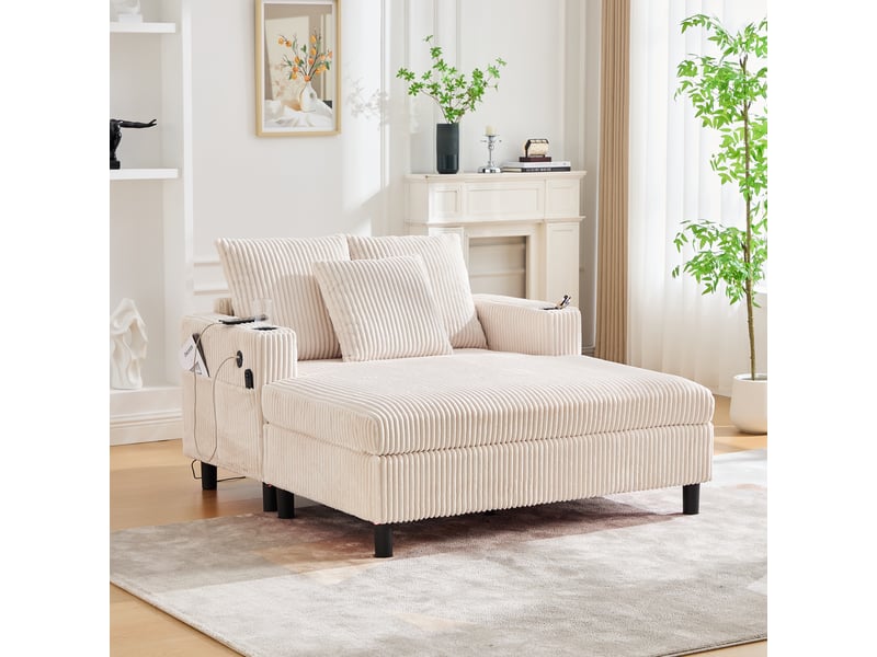  Fauteuil relax méridienne avec usb, led et porte-gobelets, assise profonde ergonomique, en velours côtelé beige  - Conforama B