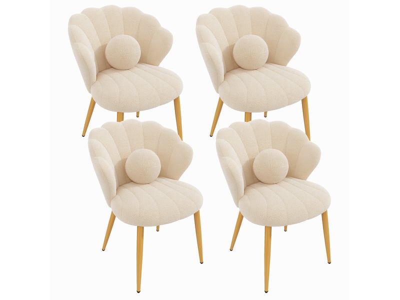  Chaises de salle à manger lot de 4, dossier coquillage et coussin rond, pieds en métal doré, tissu bouclette beige  - Conforama A