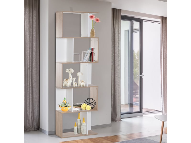  Bibliothèque haute en forme de s à 5 étagères, design moderne pour salon ou bureau, 60 x 24 x 184,5 cm, blanc et bois  - Conforama C