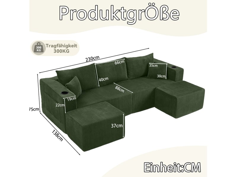  Canapé d'angle modulable 3 places en velours côtelé vert avec ottomans mobiles, porte-gobelets et rangements  - Conforama C