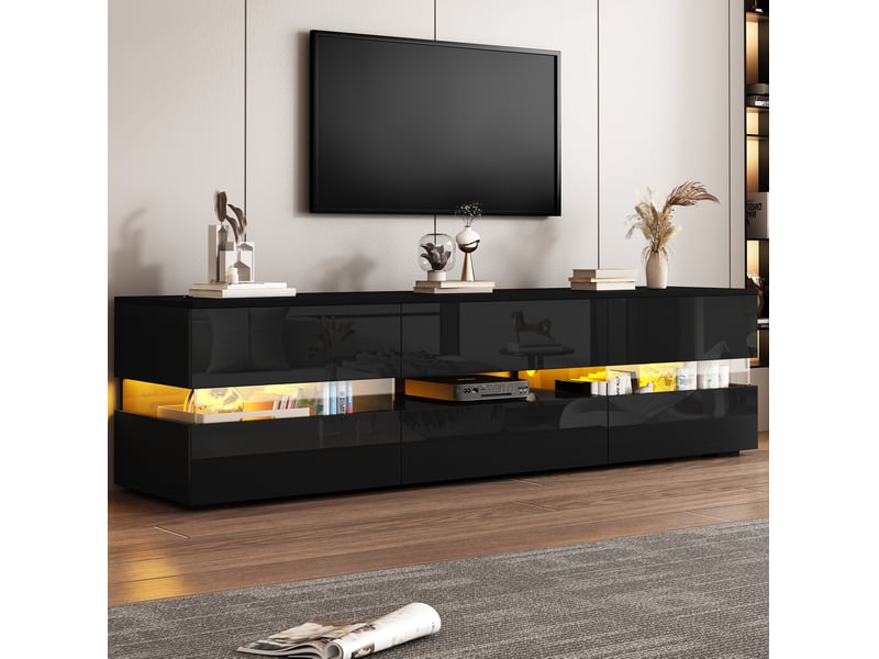  Meuble tv 160x39x45 cm, panneau de particules noir laqué, rangement avec insert acrylique, 2 portes et 1 tiroir à ouverture push, led intégrée  - Conforama D