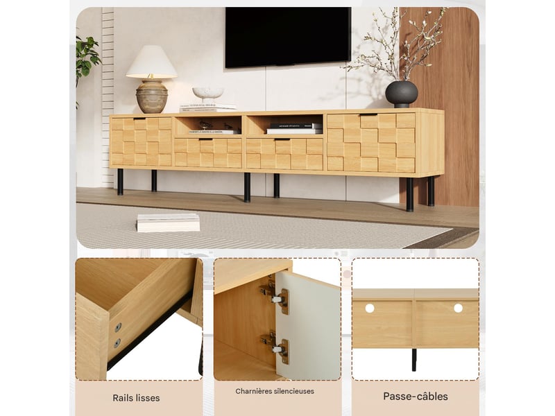  Meuble tv 2 portes 2 tiroirs pour écran jusqu'à 80 coloris bois naturel 200x35x44.5 cm N625P460448449Z - Conforama D