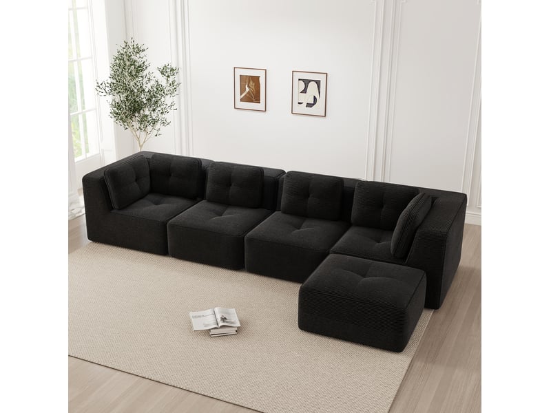  Sofa modulable d'angle sans cadre, canapé 4 places confortable avec assise profonde, coussins moelleux et tissu en velours côtelé noir, pas d'assemblage requis et pieds antidérapants  - Conforama C