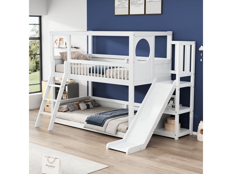  Lit superposé blanc 90x200 cm avec toboggan et rangement  - Conforama B