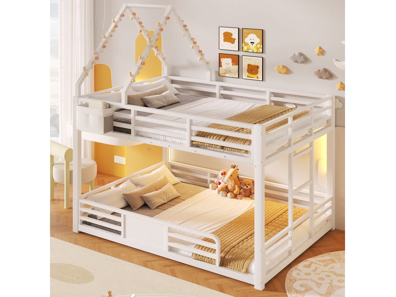  Lit superposé enfant 140 x 200 cm en métal et mdf, blanc, avec éclairage led et rangements en tissu  - Conforama B