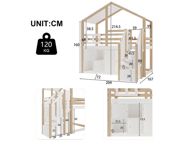  Lit mezzanine 90x200cm forme maison, barrière, casiers, échelle rangement, fenêtre, sans matelas, blanc et naturel  - Conforama B