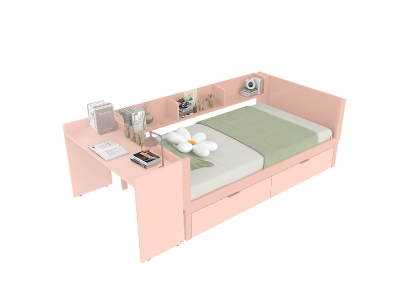  Modenvie lit enfant avec bureau 90x200 cm - avec 2 tiroirs et 3 étagères, sans matelas - rose  - Conforama A