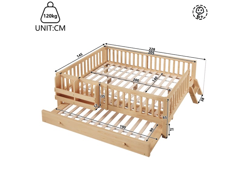 Lit gigogne 140×200 cm, 2 places - barrière de sécurité, couchage d’appoint coulissant et étagère - sans matelas - bois - Conforama D