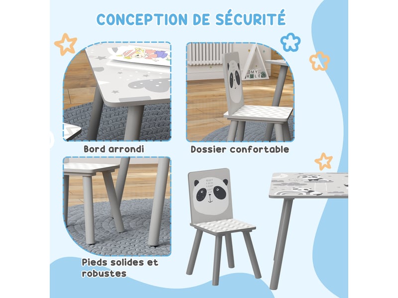  Ensemble table et chaises pour enfants, table pour enfant avec 2 chaises, motif animaux pour chambre à coucher gris  - Conforama E