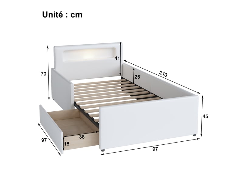  Lit avec rangement 90x200 cm - lit enfant avec tiroir, veilleuse et port usb - similicuir + métal + contreplaqué + mdf - sans matelas - blanc  - Conforama C