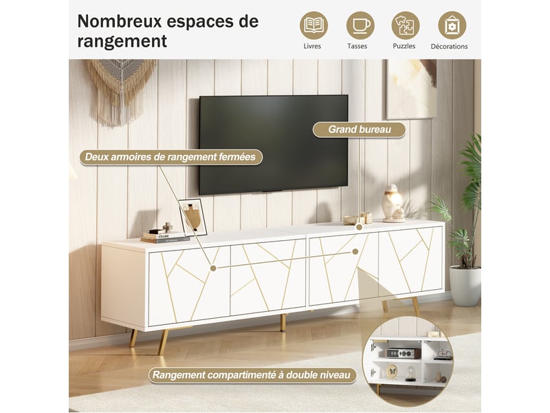 Meuble tv blanc et doré de 190 cm avec 4 portes et 5 pieds en métal, pour téléviseur jusqu’à environ 85 pouces - Conforama R