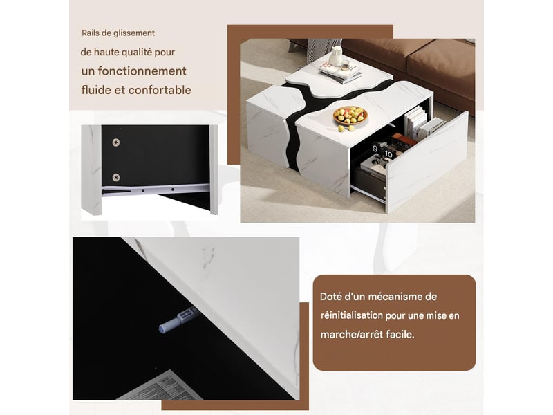  Table basse avec tiroir en panneau de particules blanc effet marbre 70x70x31 cm - pangivo  - Conforama E