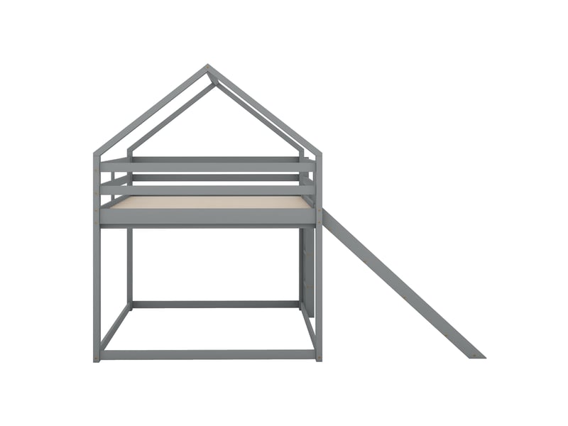  Lit superposé enfant gris 140 × 200 cm, forme maison, avec toboggan et échelle  - Conforama E