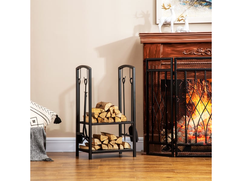 Porte-bûches métallique 2 niveaux, 4 outils de cheminée, 40 x 30 x 74,5 cm, charge 100 kg - Conforama C